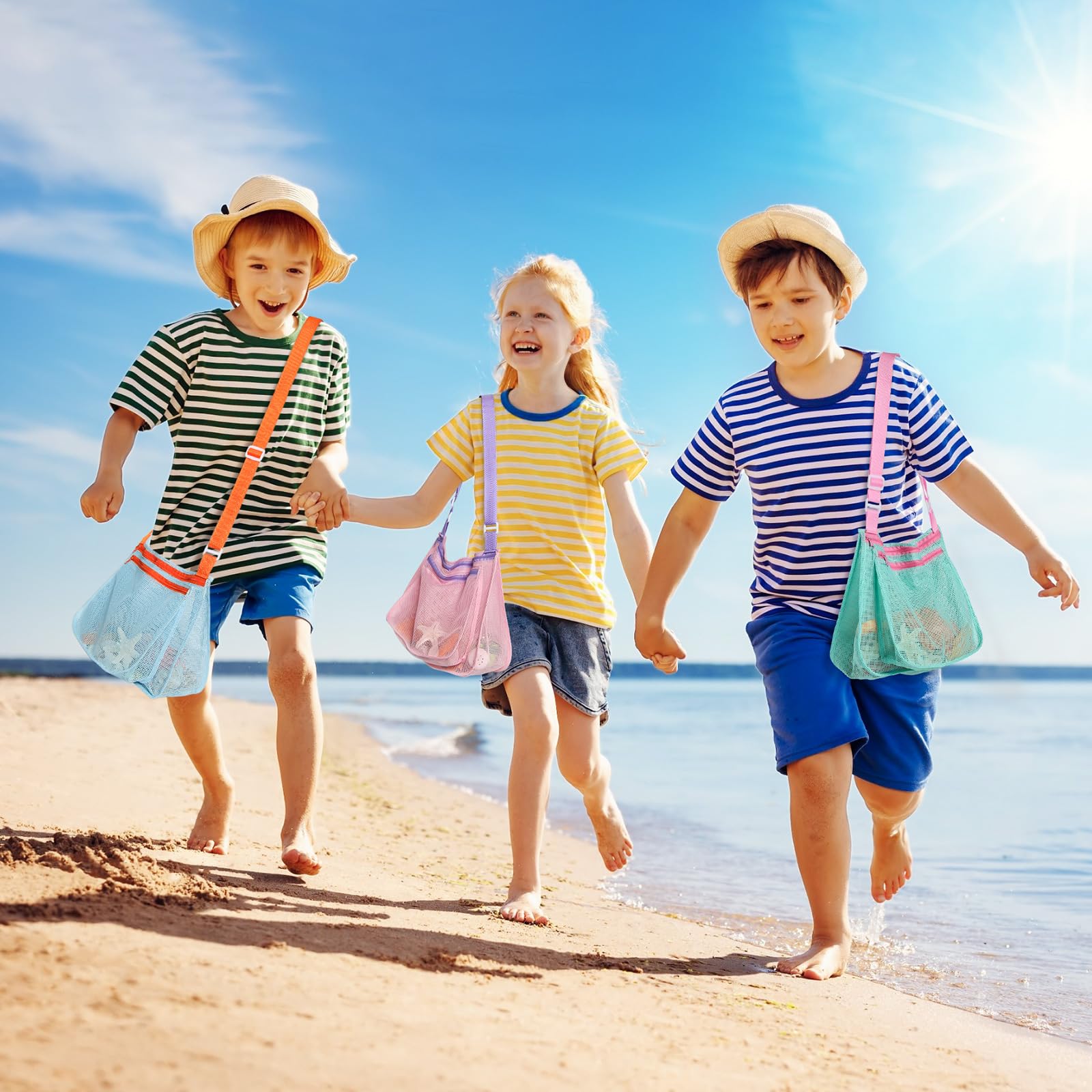 LIDAGO 3-Pack Kids Mesh Beach Bags with Adjustable Straps - Shell Collecting and Toy Storage