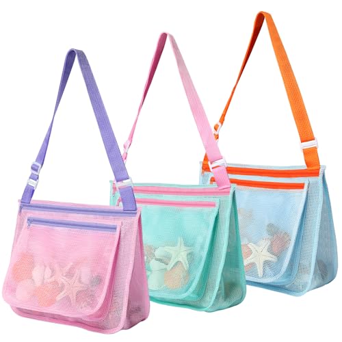 LIDAGO 3-Pack Kids Mesh Beach Bags with Adjustable Straps - Shell Collecting and Toy Storage