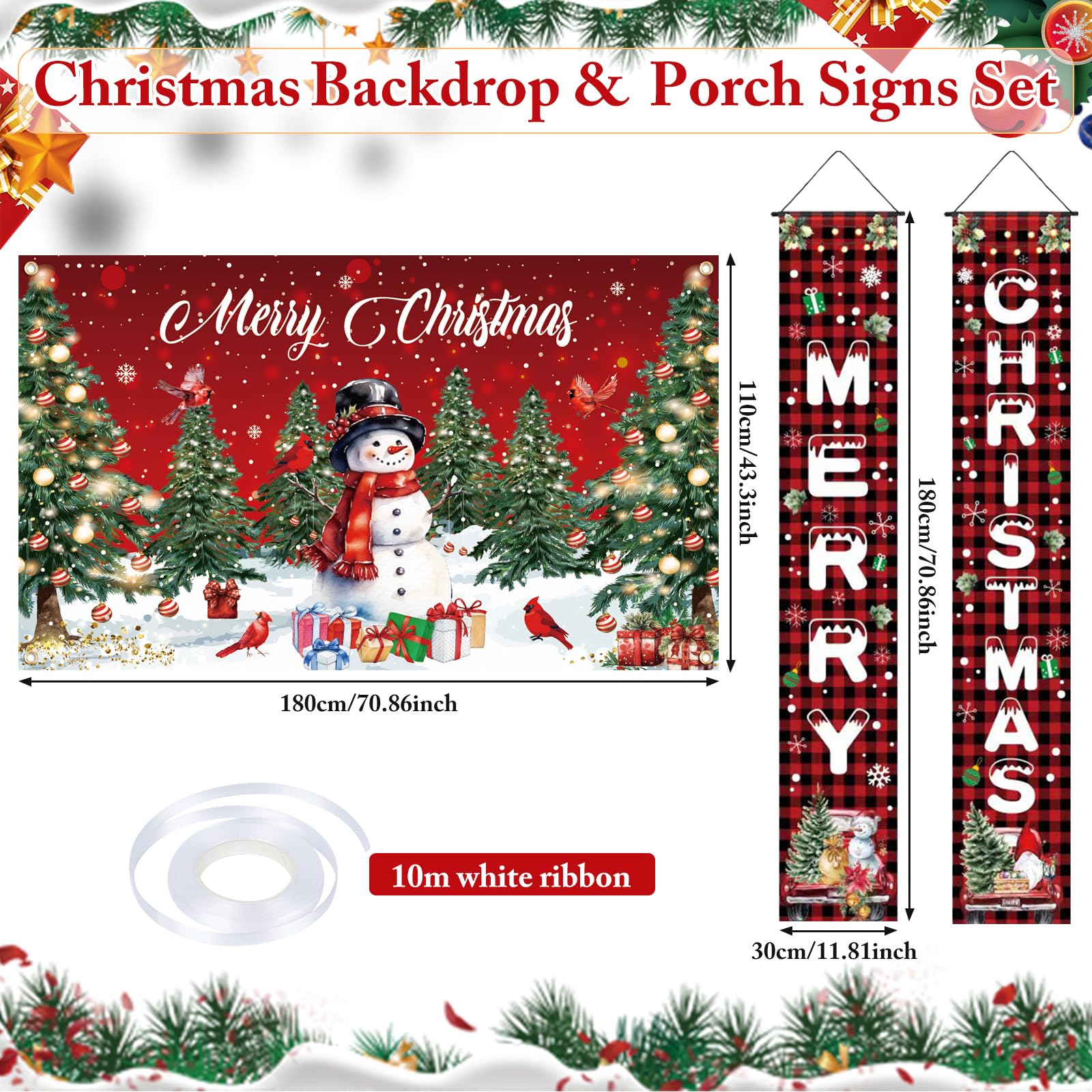 LifeisLuck 3-Piece Christmas Banner Set: 71"x43" Backdrop & 2 Porch Signs with Ribbon, Indoor/Outdoor Decor