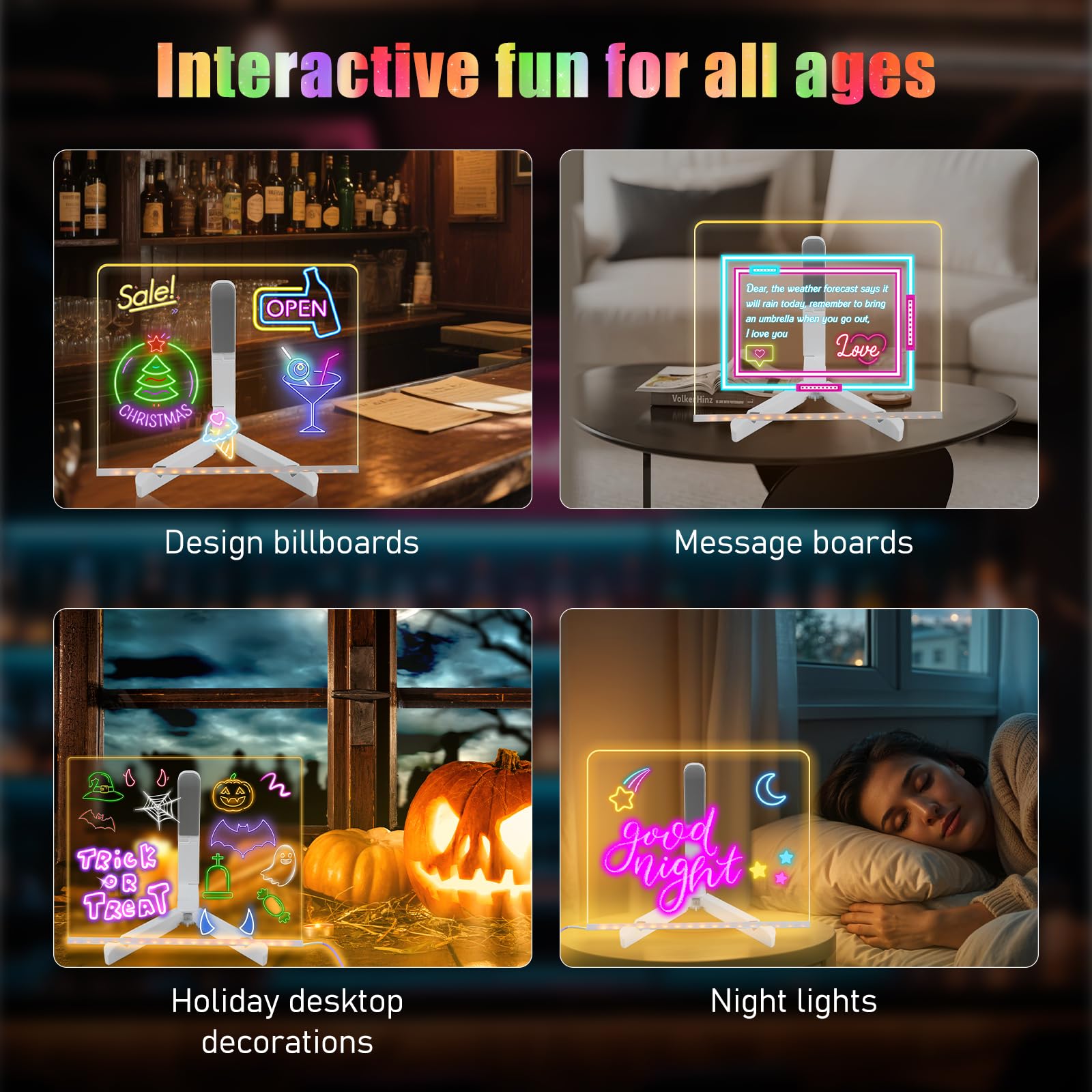 Light Up Acrylic Message Board – LED Dry Erase Board with Color Pens, 5.9 x 5.9 inches, USB Powered for Home Office or School