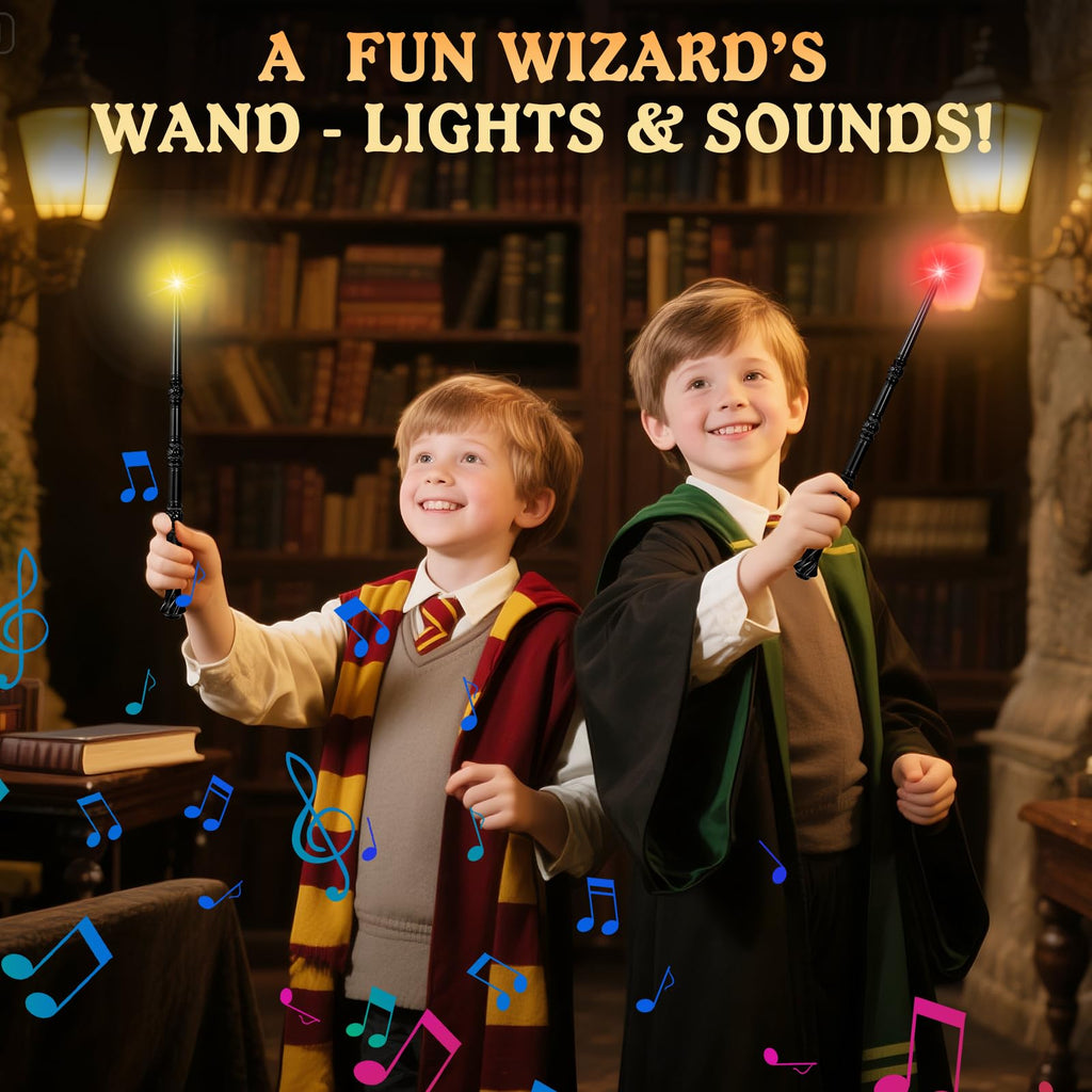 Light-Up Magic Wizard Wand Set - 2 Black Wands with Sounds & 4 Color Lights for Kids Cosplay