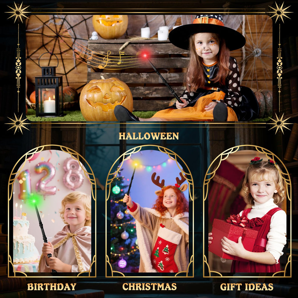 Light-Up Magic Wizard Wand Set - 2 Black Wands with Sounds & 4 Color Lights for Kids Cosplay