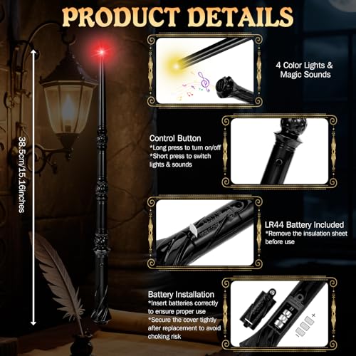 Light-Up Magic Wizard Wand Set - 2 Black Wands with Sounds & 4 Color Lights for Kids Cosplay