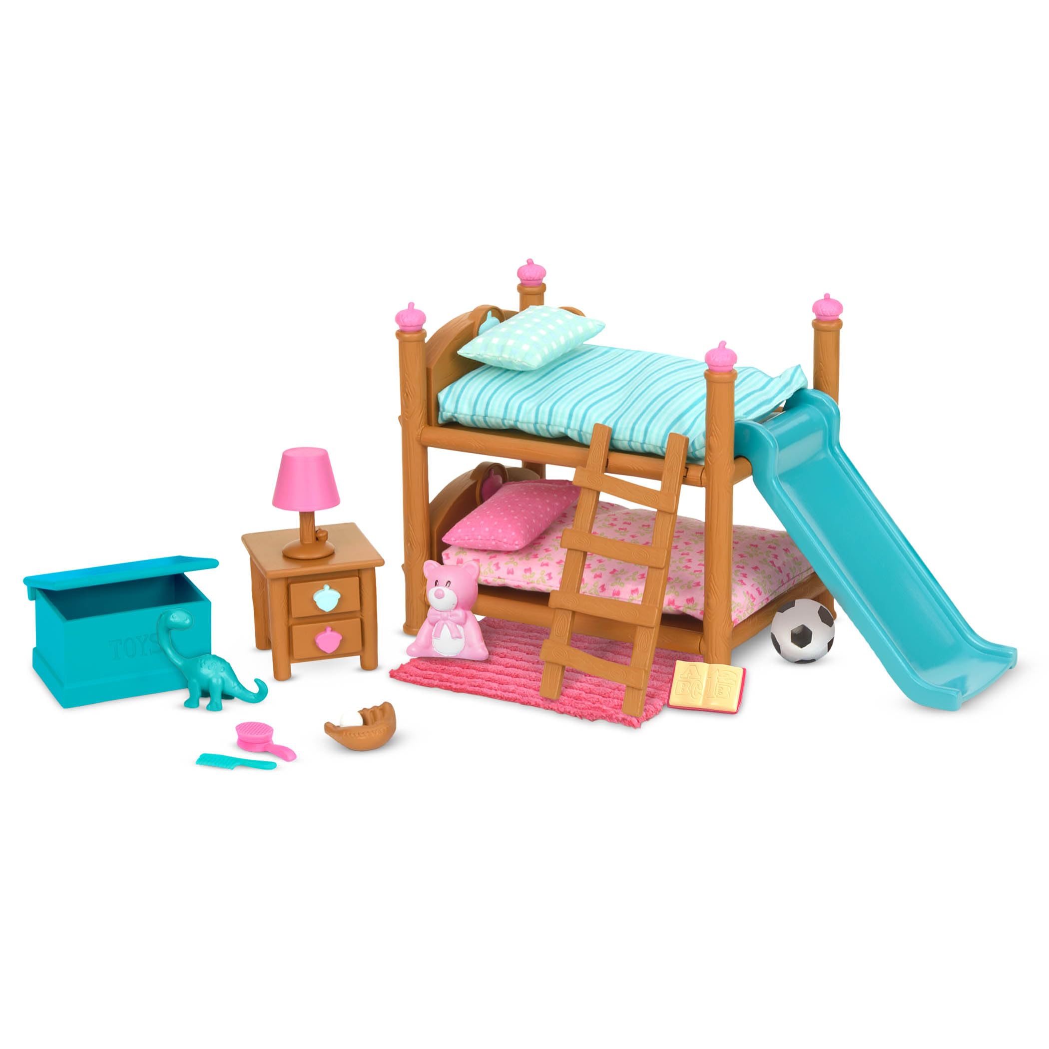 Li'l Woodzeez Bunk Beds Playset – 18-Piece Miniature Bedroom Set with Slide, Ladder, and Toys for Ages 3+