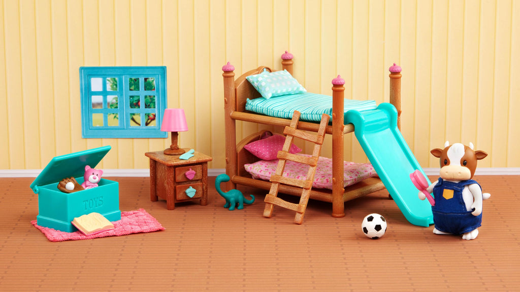Li'l Woodzeez Bunk Beds Playset – 18-Piece Miniature Bedroom Set with Slide, Ladder, and Toys for Ages 3+