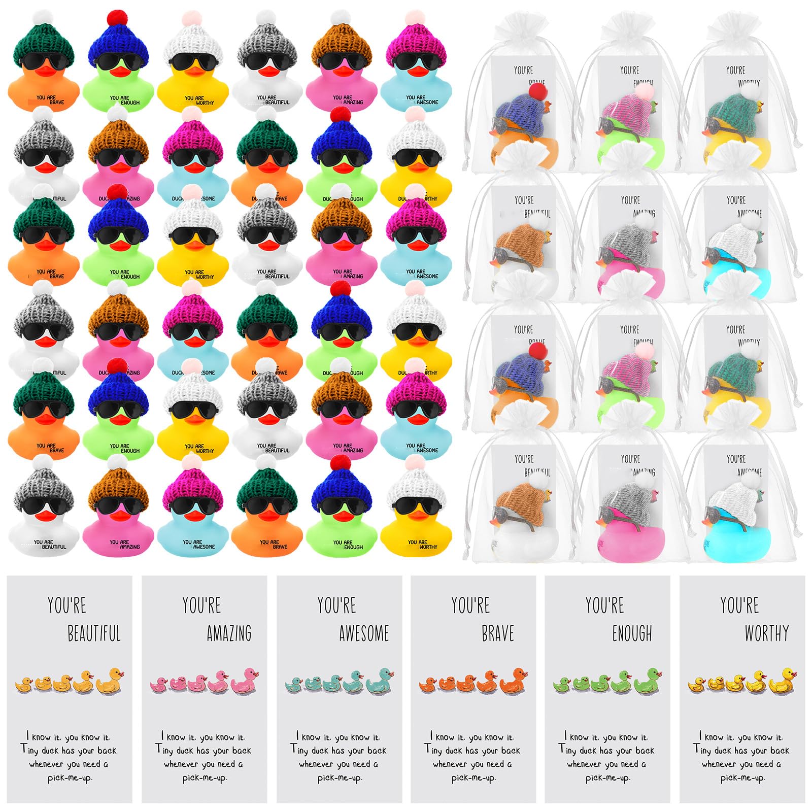 Liliful 12 Pack Mini Rubber Ducks with Sunglasses - Employee Appreciation Gifts with 'You Are Awesome' Cards - Colorful Bulk Set for Coworkers