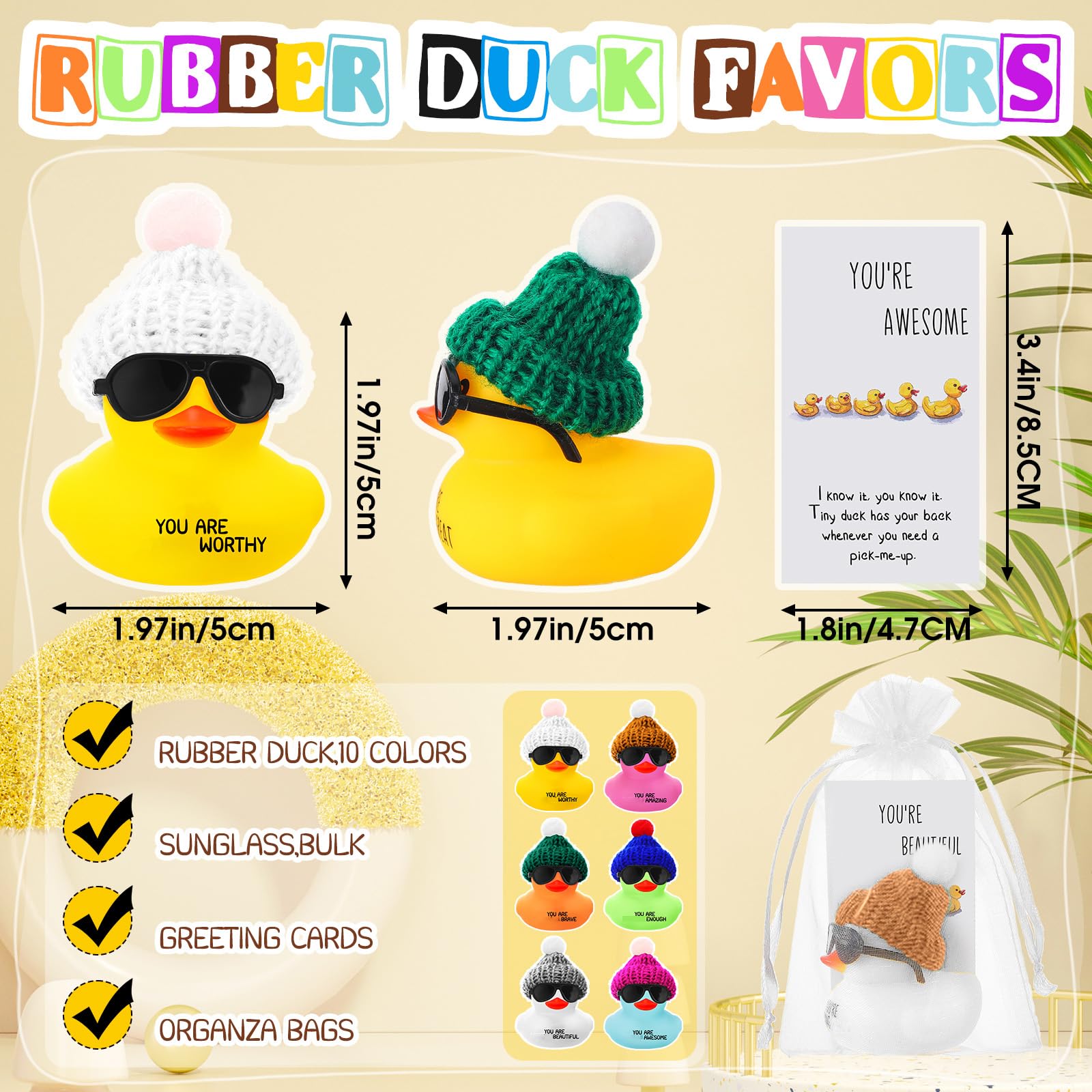 Liliful 12 Pack Mini Rubber Ducks with Sunglasses - Employee Appreciation Gifts with 'You Are Awesome' Cards - Colorful Bulk Set for Coworkers