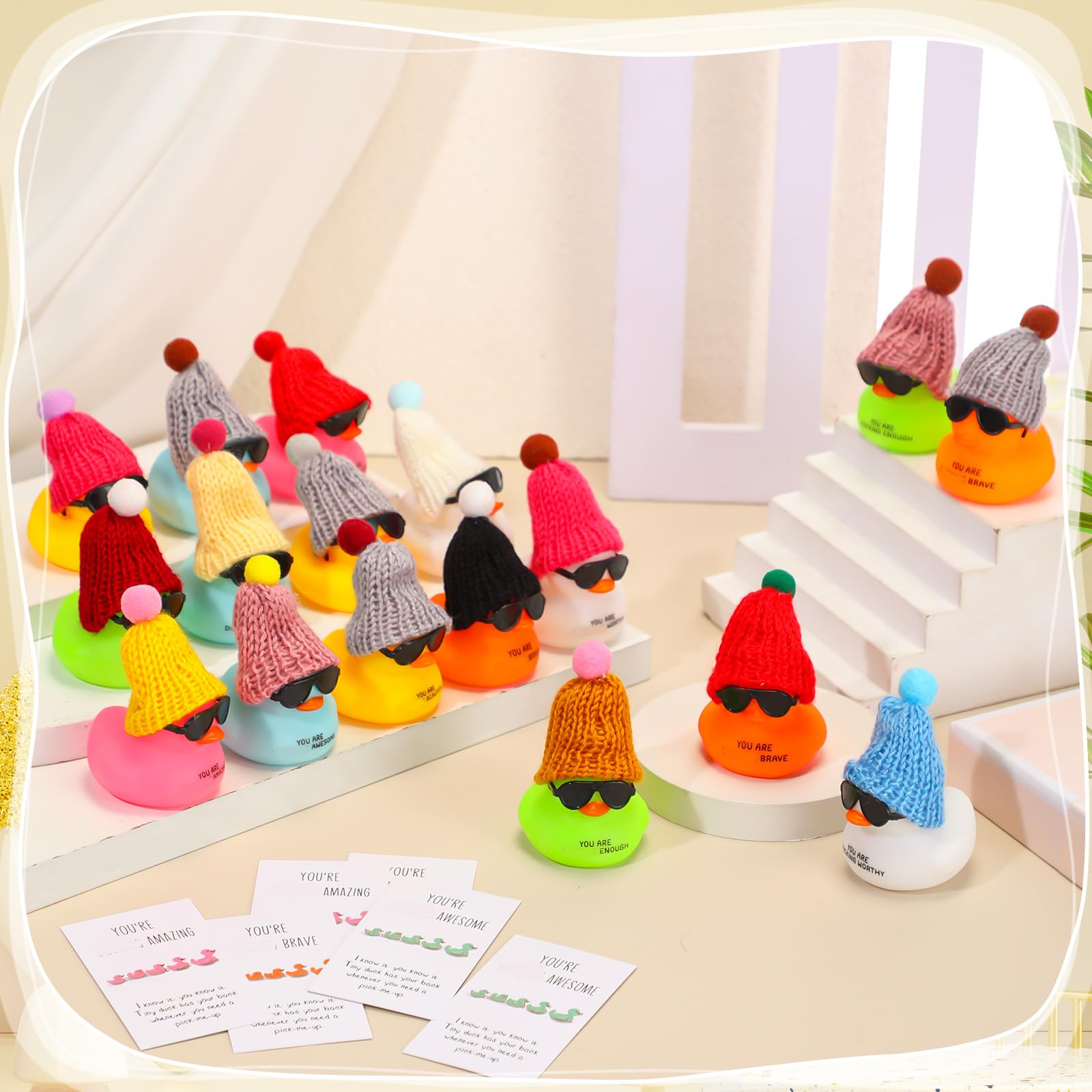 Liliful 12 Pack Mini Rubber Ducks with Sunglasses - Employee Appreciation Gifts with 'You Are Awesome' Cards - Colorful Bulk Set for Coworkers