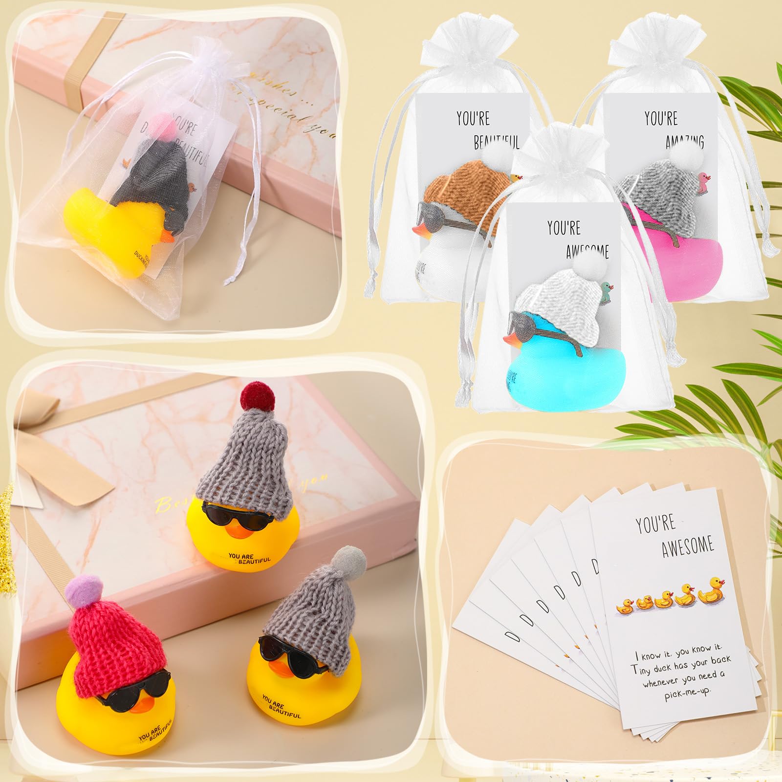Liliful 12 Pack Mini Rubber Ducks with Sunglasses - Employee Appreciation Gifts with 'You Are Awesome' Cards - Colorful Bulk Set for Coworkers