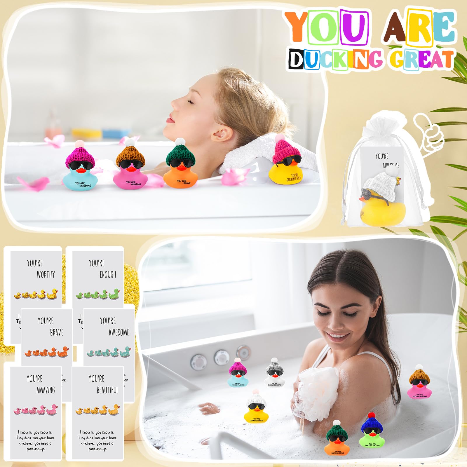 Liliful 12 Pack Mini Rubber Ducks with Sunglasses - Employee Appreciation Gifts with 'You Are Awesome' Cards - Colorful Bulk Set for Coworkers