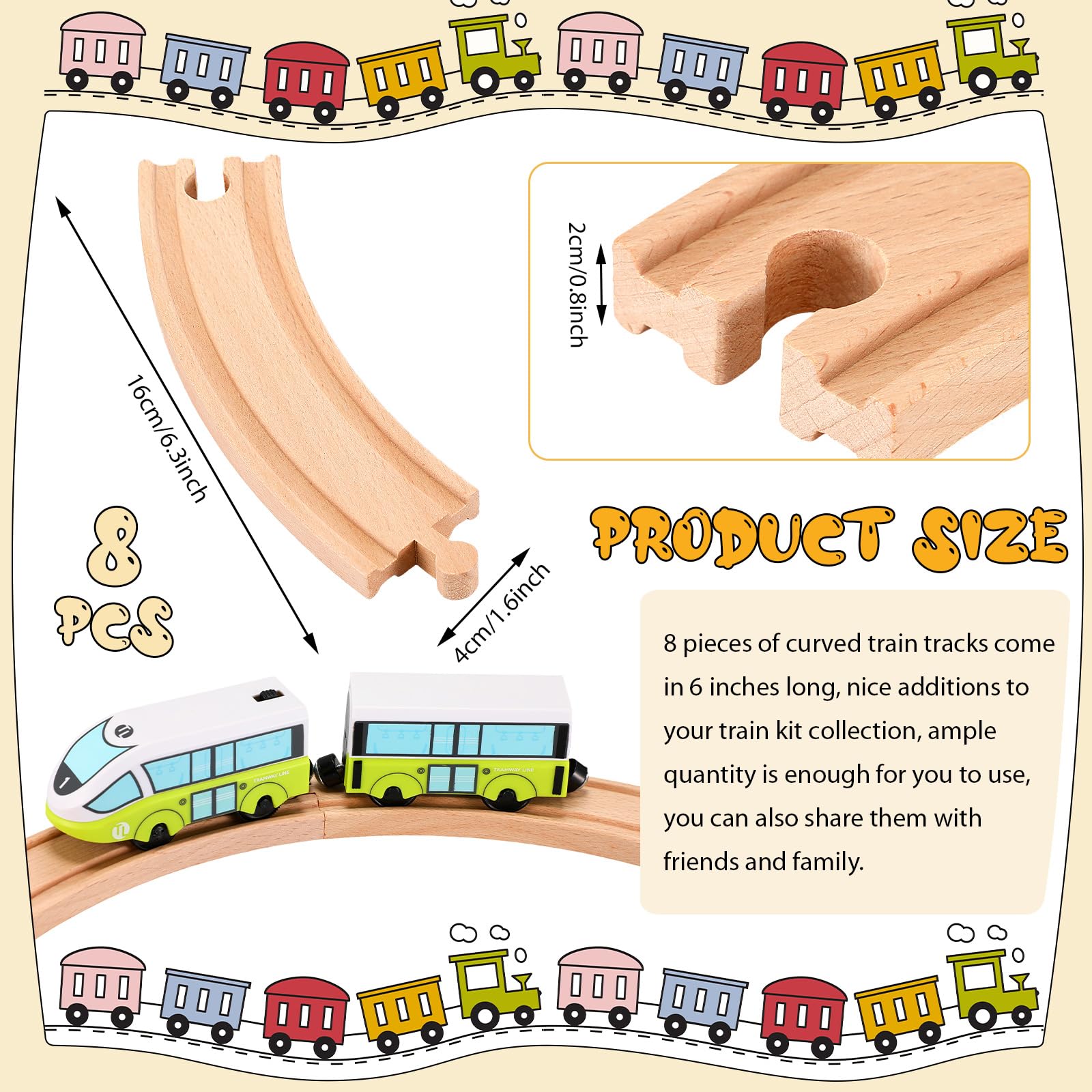 Liliful 8-Piece Curved Wooden Train Track Expansion – Compatible with Most Brands, Forms a Circle