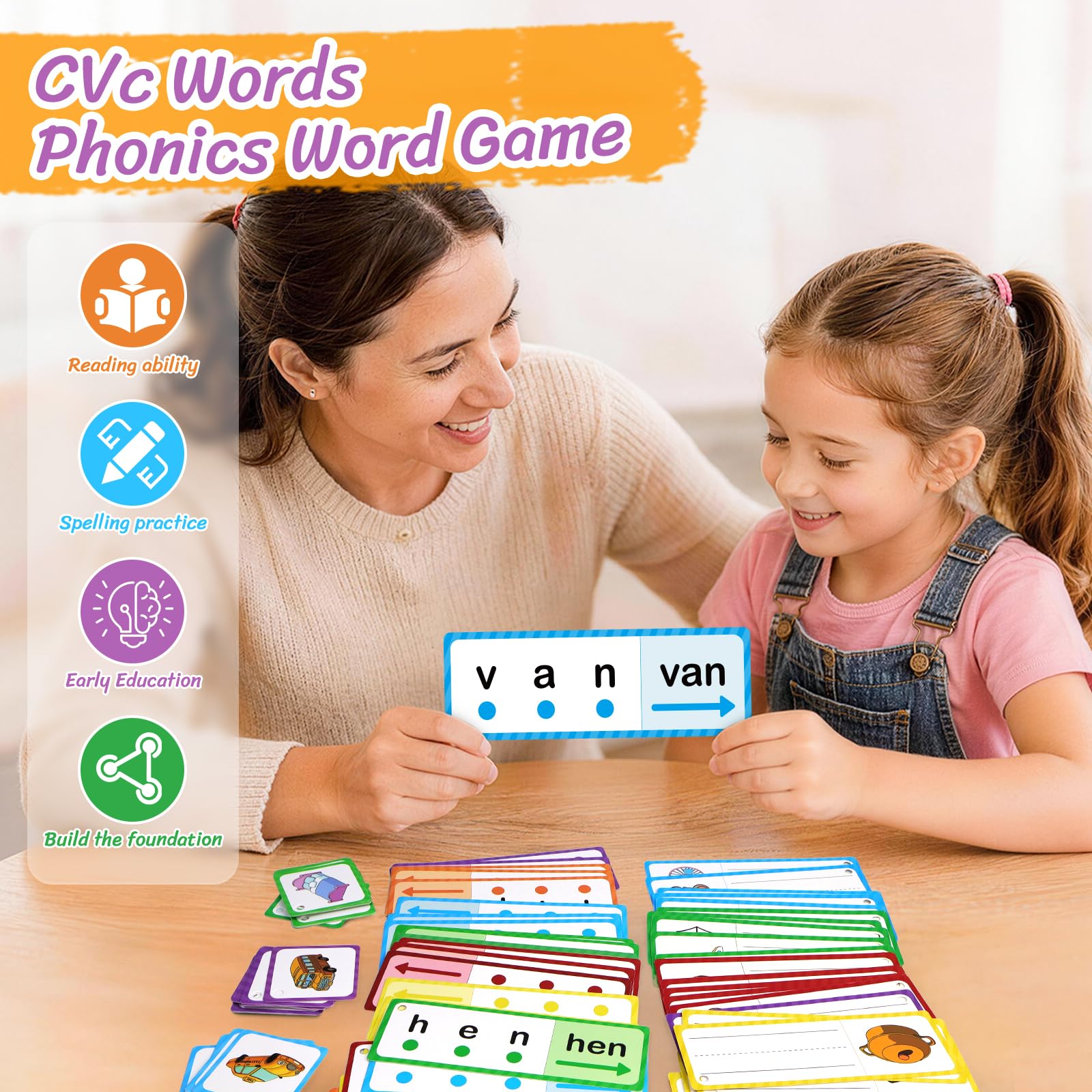 LilLaufy Phonics Flash Cards for Kids – CVC Word Games, Learn to Read & Spell, Preschool Kindergarten Learning Activities