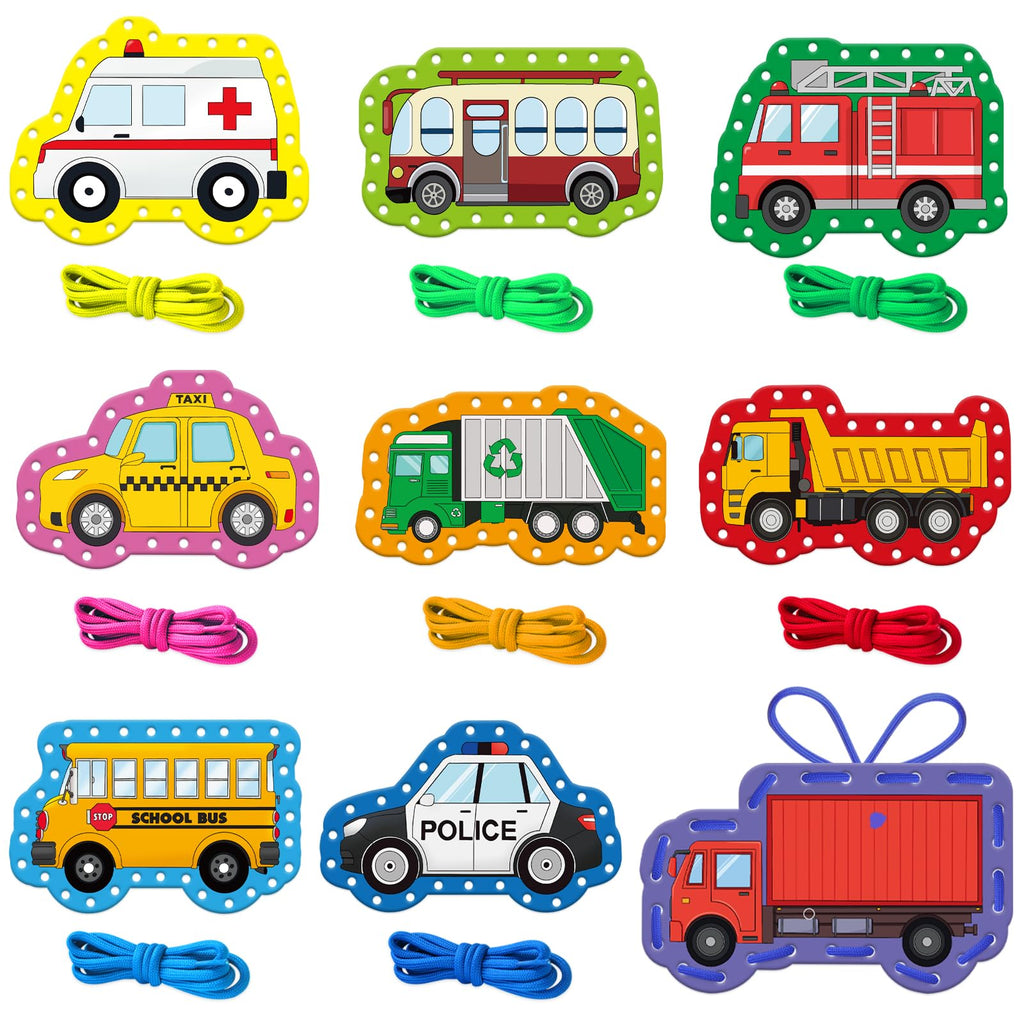 LilLaufy Vehicle Lacing Cards - Double-Sided Toddler Sewing Kit for Fine Motor Skills, Shoe Tying Practice & Preschool Learning