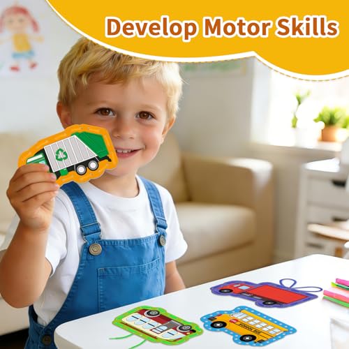 LilLaufy Vehicle Lacing Cards - Double-Sided Toddler Sewing Kit for Fine Motor Skills, Shoe Tying Practice & Preschool Learning