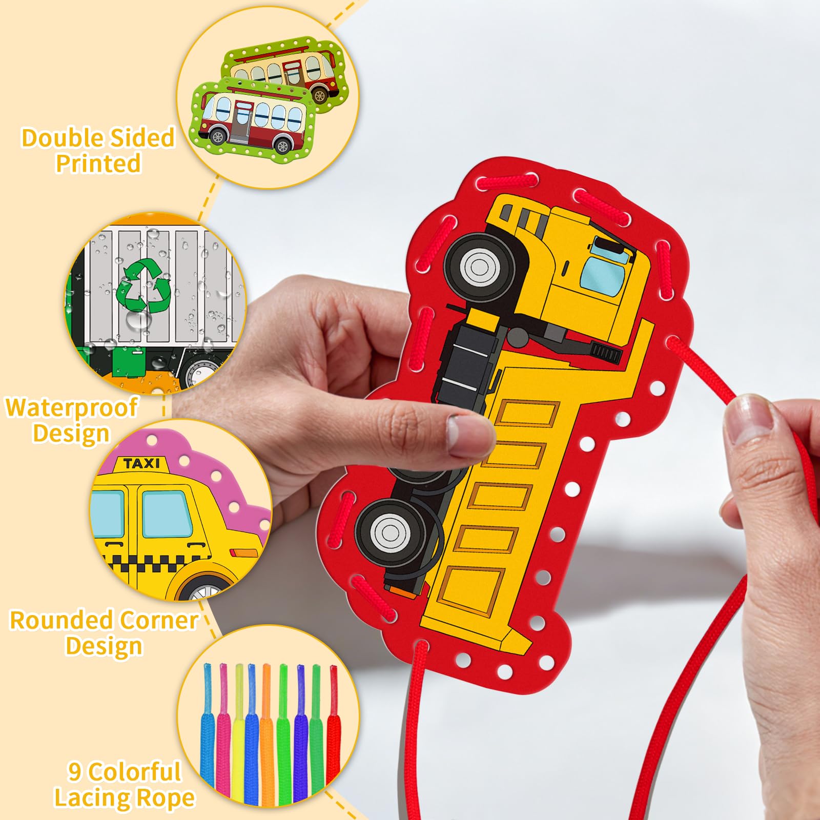 LilLaufy Vehicle Lacing Cards - Double-Sided Toddler Sewing Kit for Fine Motor Skills, Shoe Tying Practice & Preschool Learning