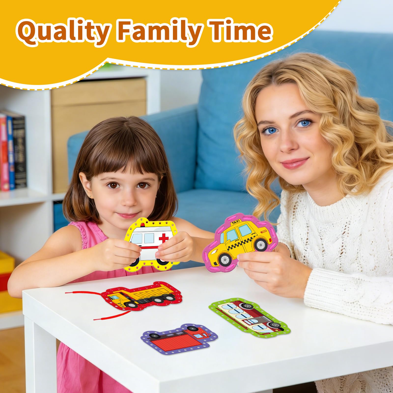 LilLaufy Vehicle Lacing Cards - Double-Sided Toddler Sewing Kit for Fine Motor Skills, Shoe Tying Practice & Preschool Learning
