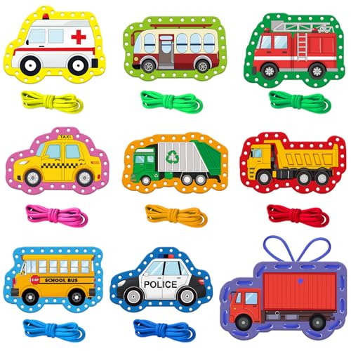 LilLaufy Vehicle Lacing Cards - Double-Sided Toddler Sewing Kit for Fine Motor Skills, Shoe Tying Practice & Preschool Learning