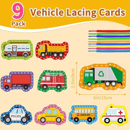 LilLaufy Vehicle Lacing Cards - Double-Sided Toddler Sewing Kit for Fine Motor Skills, Shoe Tying Practice & Preschool Learning