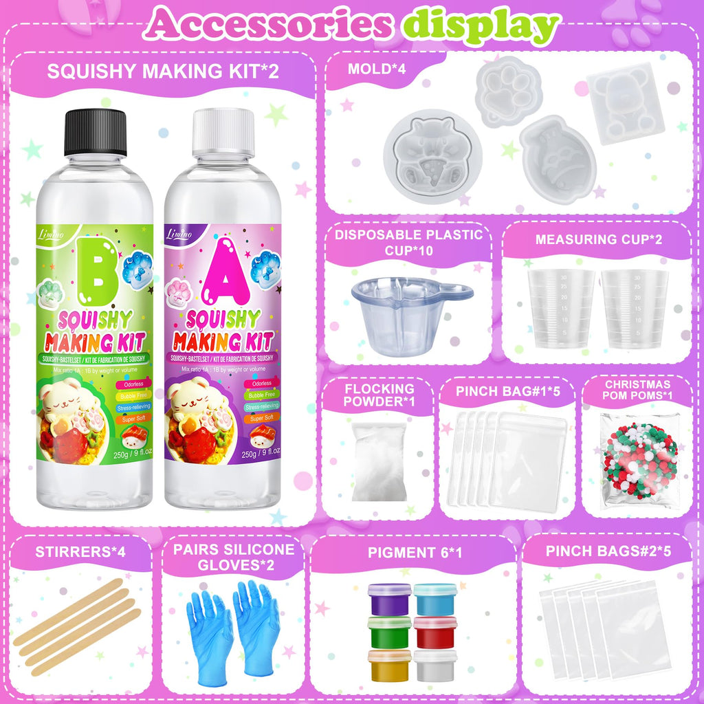 Limino Liquid Silicone Squishy Kit – 500g (18oz) Super Soft Silicone Rubber with 4 Molds for DIY Stress Relief Toys