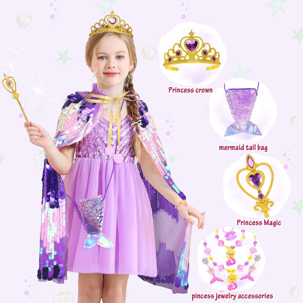 LIMIROLER Mermaid Dress Up Cape Kit – 9-Piece Princess Costume Set for Girls Ages 3-8