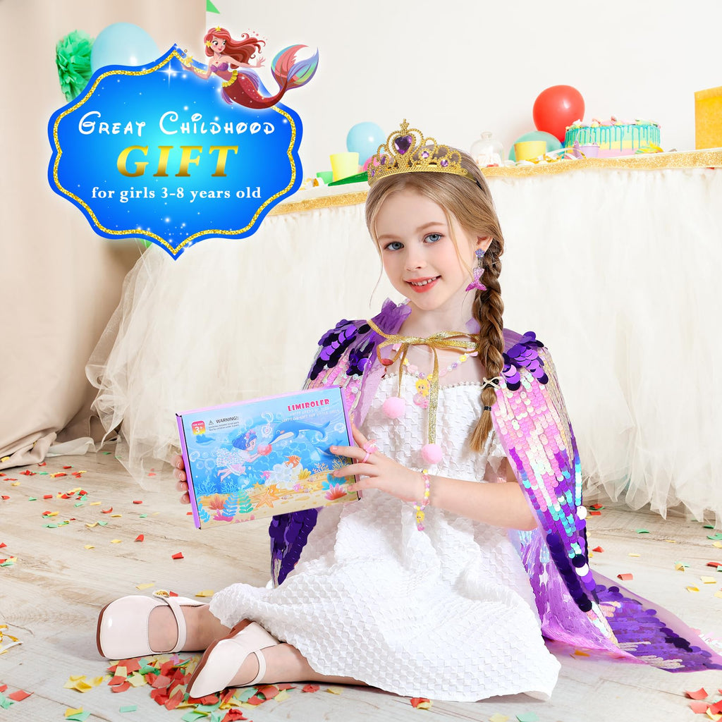 LIMIROLER Mermaid Dress Up Cape Kit – 9-Piece Princess Costume Set for Girls Ages 3-8