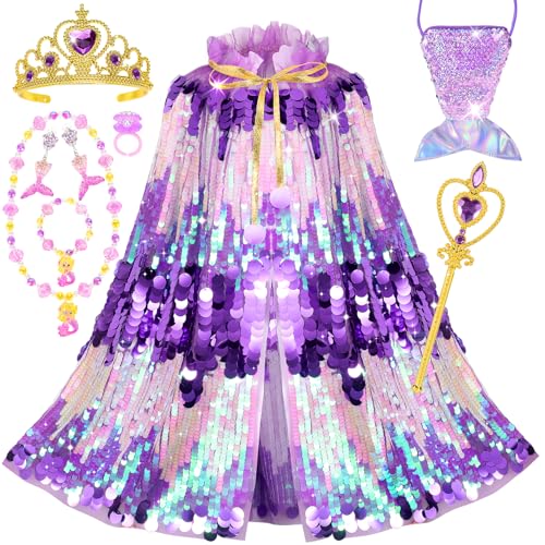 LIMIROLER Mermaid Dress Up Cape Kit – 9-Piece Princess Costume Set for Girls Ages 3-8