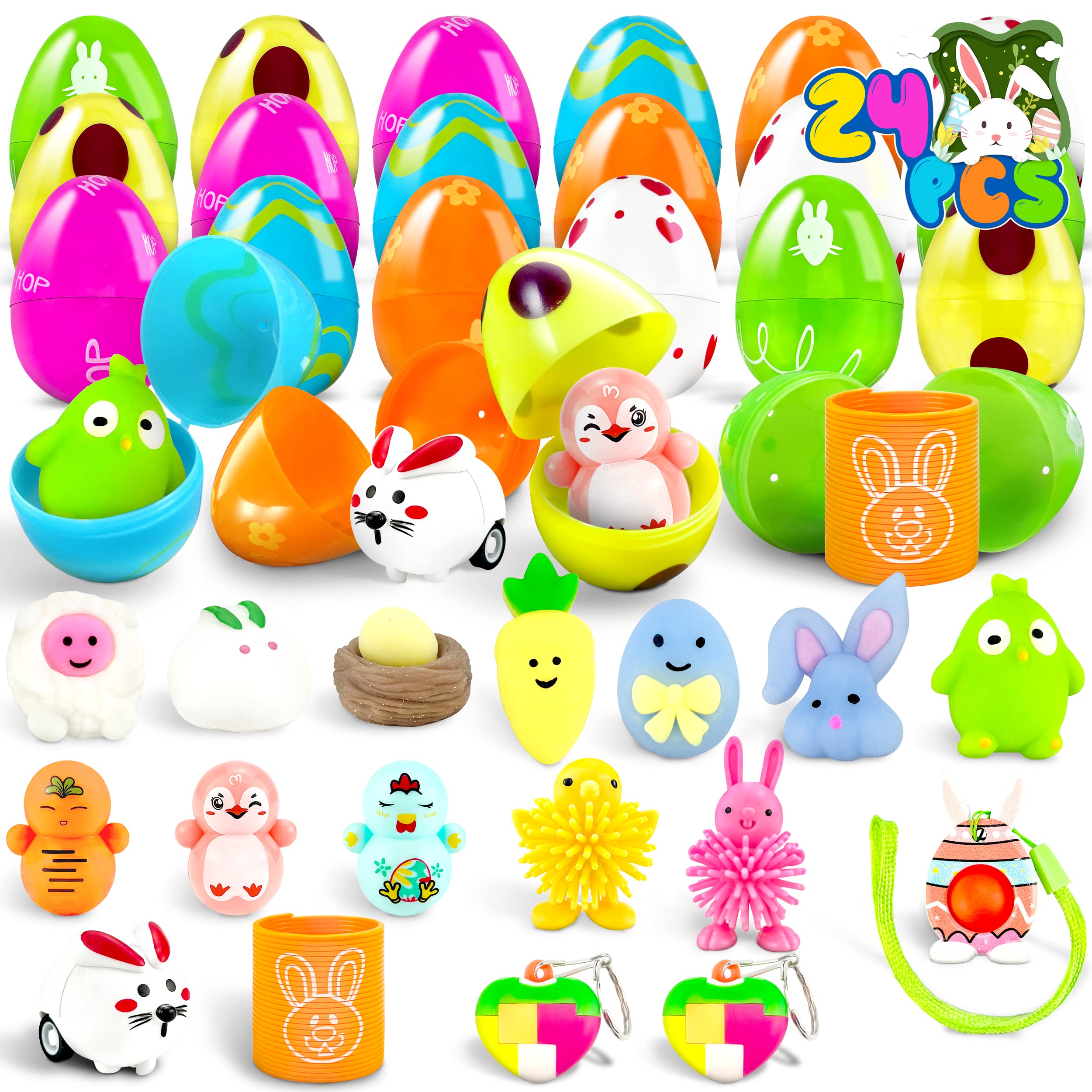 LINAYE 24 Prefilled Easter Eggs with Surprise Toys Inside – Perfect for Egg Hunts and Basket Stuffers