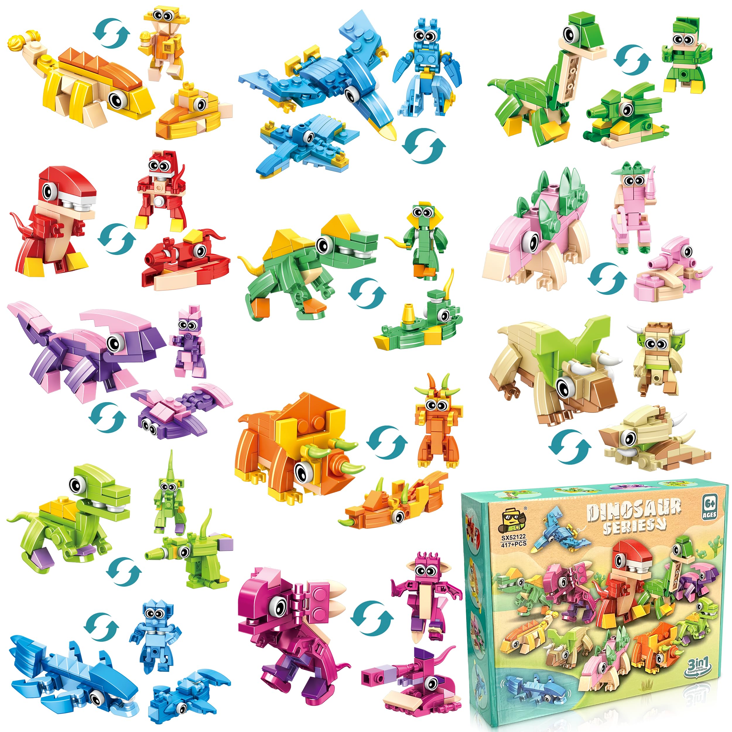 LINAYE 417-Piece Dinosaur Building Blocks Party Favors (12-Pack) for Kids Ages 6-12