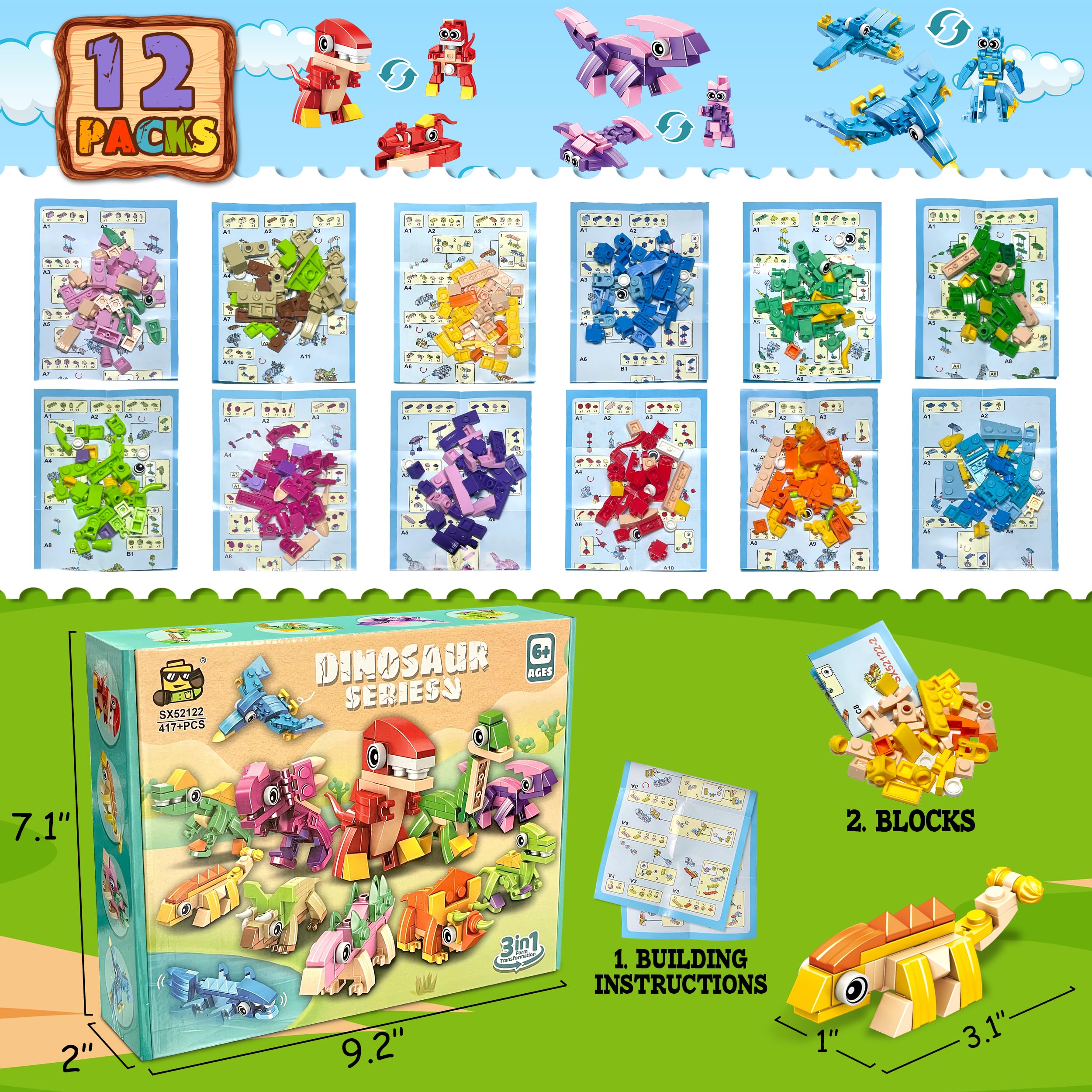 LINAYE 417-Piece Dinosaur Building Blocks Party Favors (12-Pack) for Kids Ages 6-12