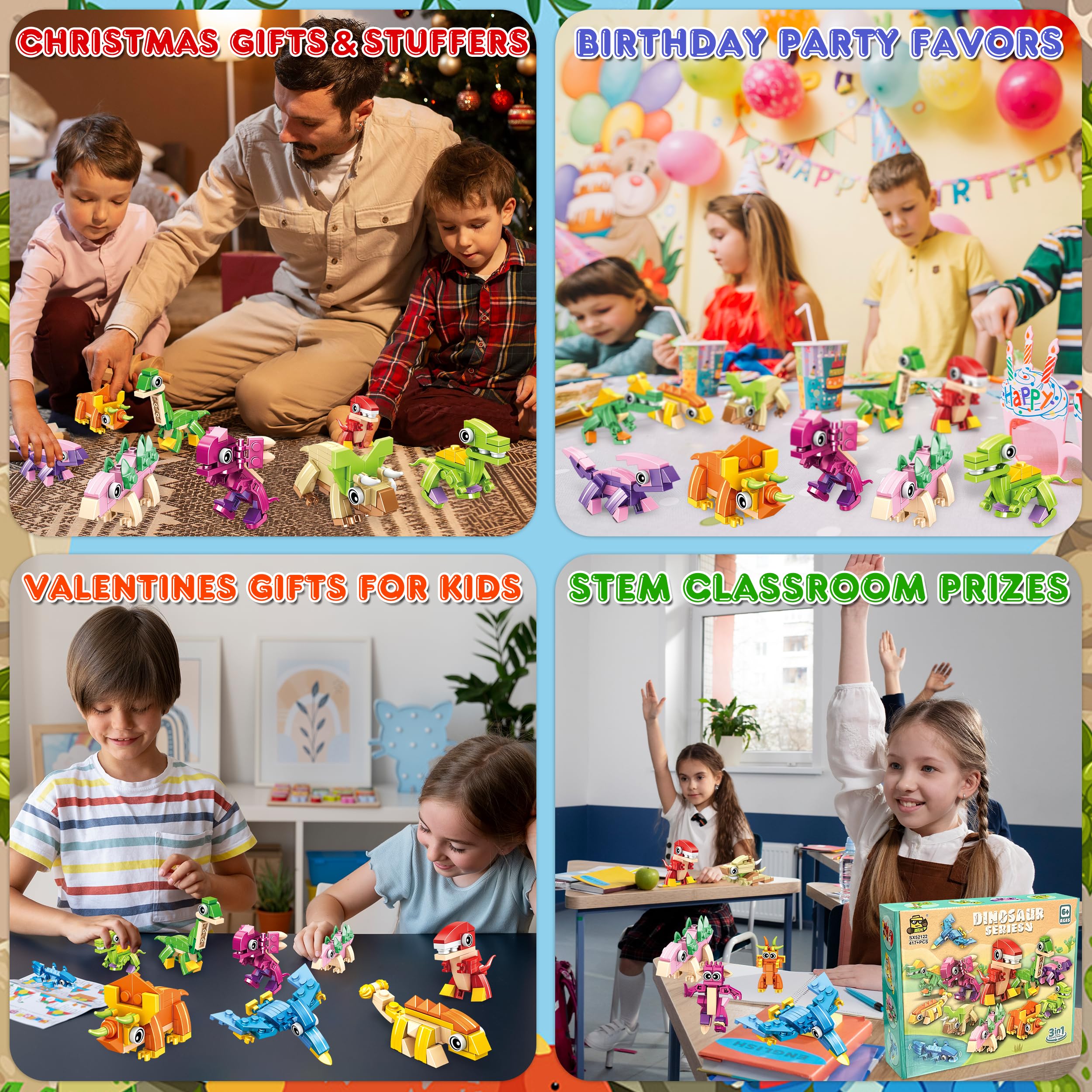 LINAYE 417-Piece Dinosaur Building Blocks Party Favors (12-Pack) for Kids Ages 6-12