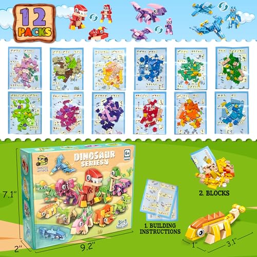 LINAYE 417-Piece Dinosaur Building Blocks Party Favors (12-Pack) for Kids Ages 6-12