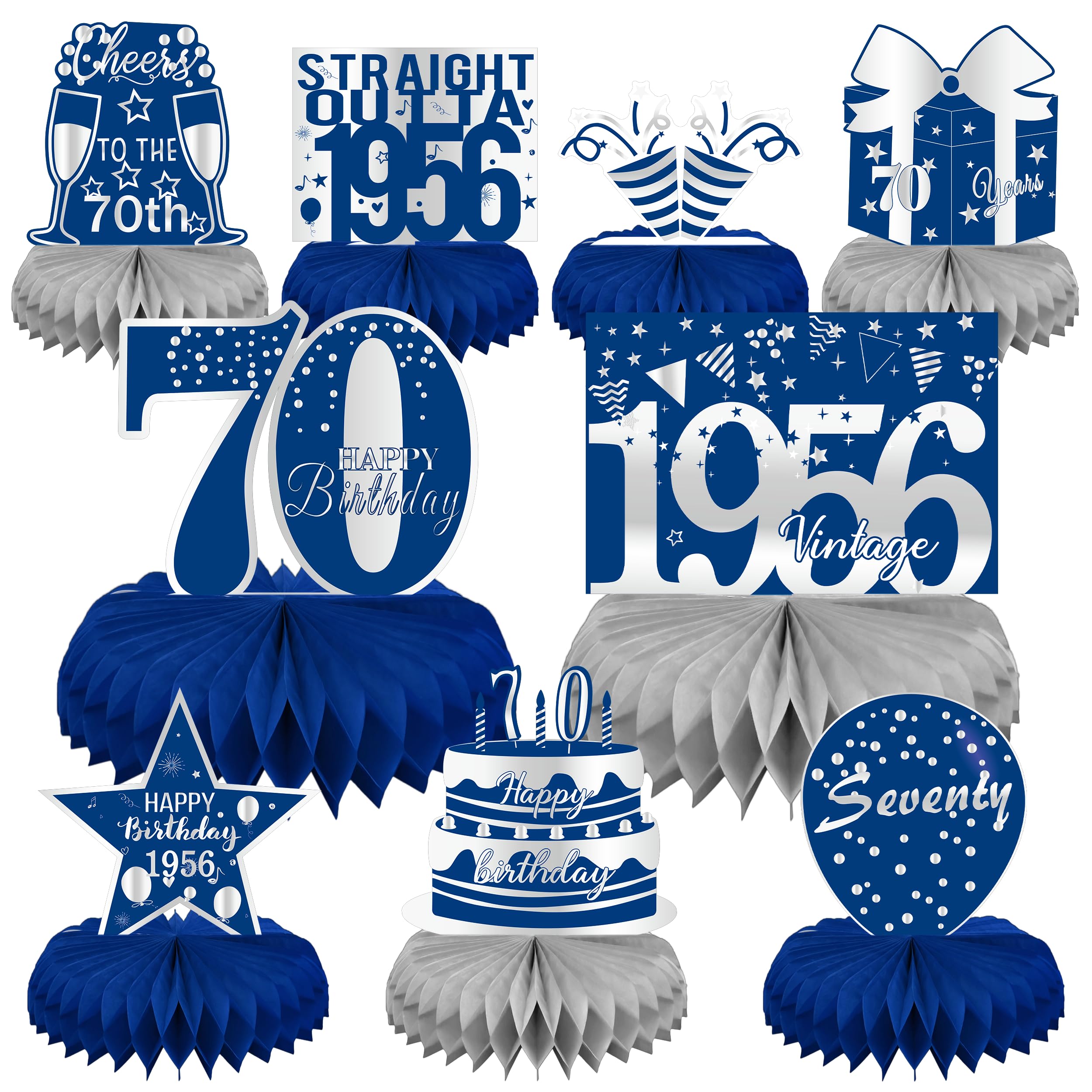 LINAYE 70th Birthday Honeycomb Centerpieces – Blue & Silver Set of 9 for Men