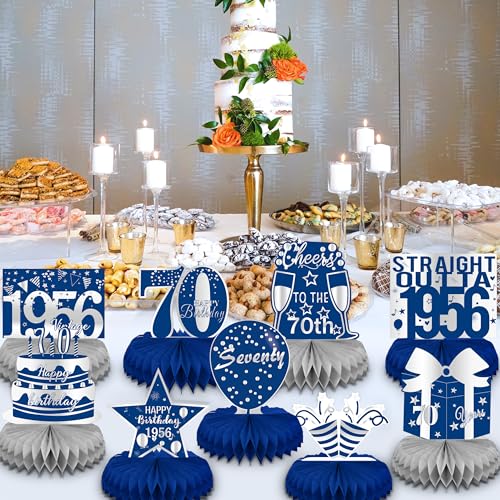 LINAYE 70th Birthday Honeycomb Centerpieces – Blue & Silver Set of 9 for Men