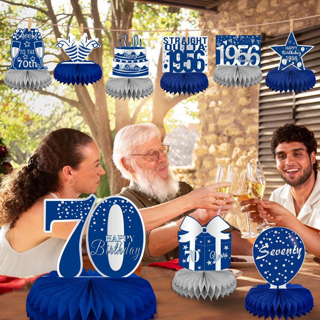 LINAYE 70th Birthday Honeycomb Centerpieces – Blue & Silver Set of 9 for Men