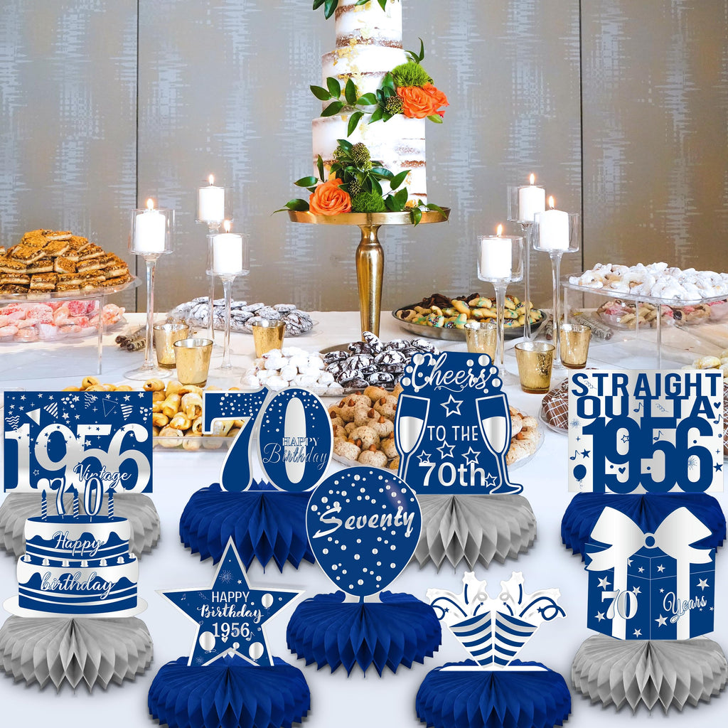LINAYE 70th Birthday Honeycomb Centerpieces – Blue & Silver Set of 9 for Men