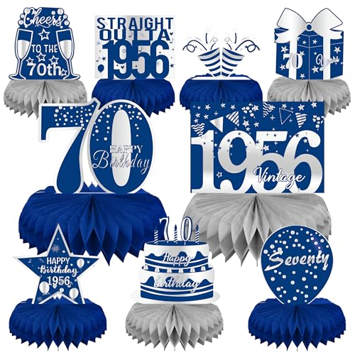 LINAYE 70th Birthday Honeycomb Centerpieces – Blue & Silver Set of 9 for Men