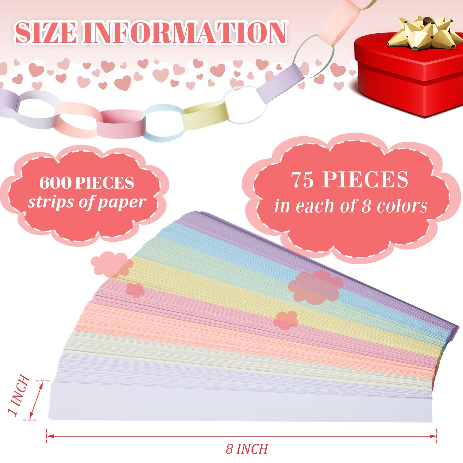 Lincia 600 Sheet Macaron Paper Chain Strips 1x8 Inches with Double-Sided Tape for DIY Party Garland