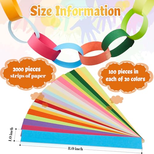 Lincia 600 Sheets Paper Chain Garland Strips – 1x8 Inches, 20 Colors, DIY Craft with Double Sided Tape (Bright)
