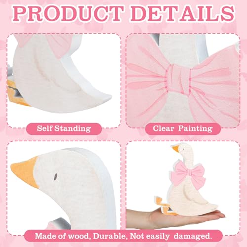 Lineshading 3-Piece Silly Goose Party Decor Set - Pink Bow Wooden Geese for Baby Shower, Birthday, Centerpiece, Desk Tray (5.9, 4.7, 3.9 Inches)