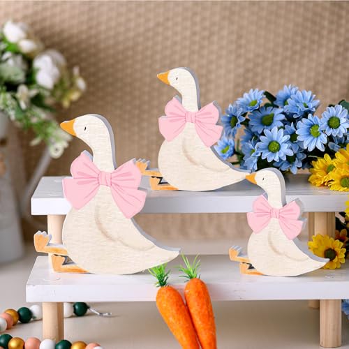 Lineshading 3-Piece Silly Goose Party Decor Set - Pink Bow Wooden Geese for Baby Shower, Birthday, Centerpiece, Desk Tray (5.9, 4.7, 3.9 Inches)