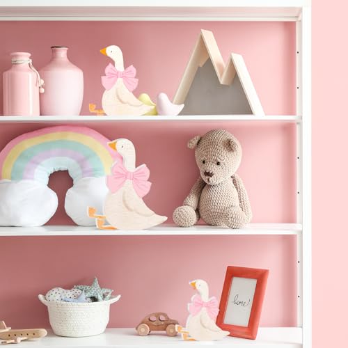 Lineshading 3-Piece Silly Goose Party Decor Set - Pink Bow Wooden Geese for Baby Shower, Birthday, Centerpiece, Desk Tray (5.9, 4.7, 3.9 Inches)