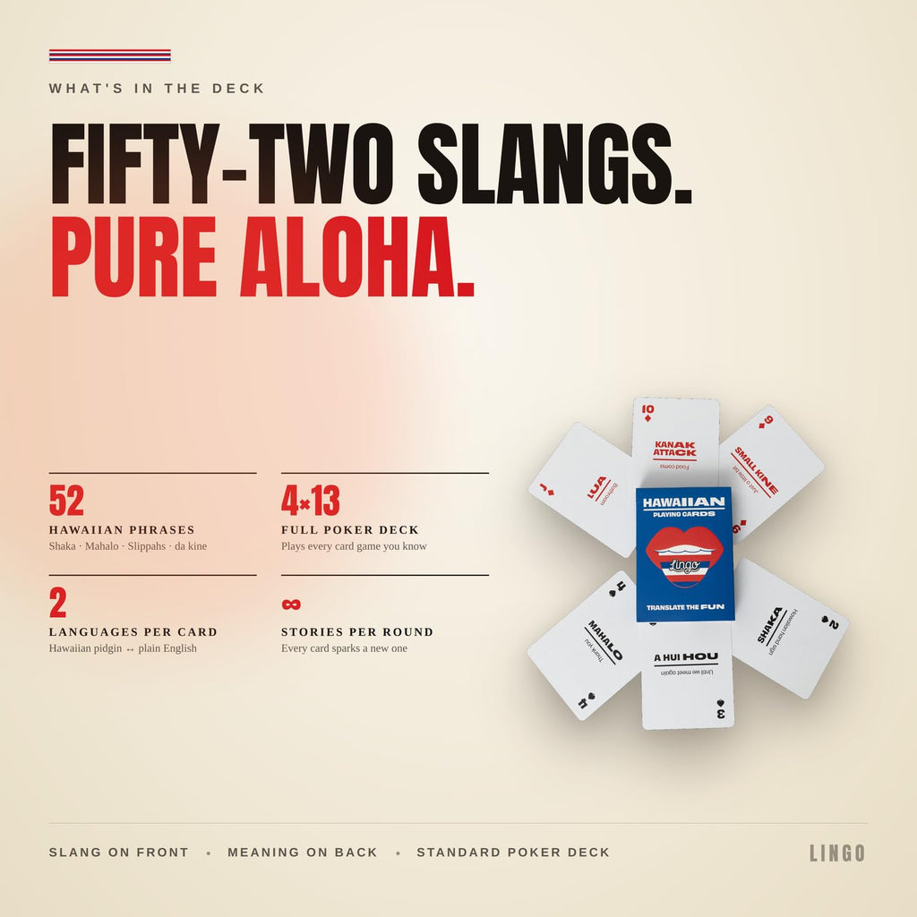 Lingo Hawaiian Playing Cards – Learn Hawaiian Slang with 52 Essential Translations and Phonetics