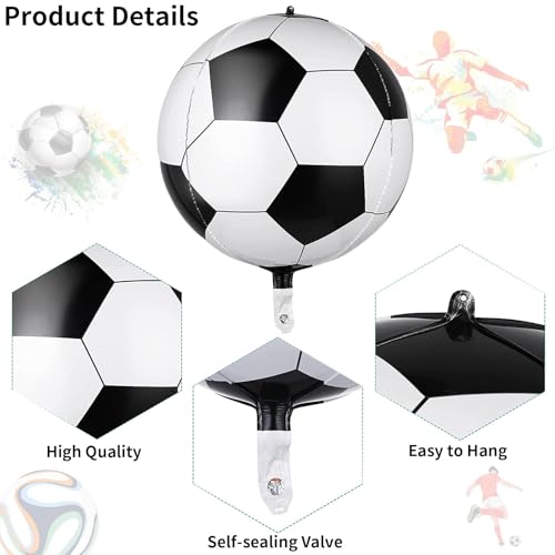 Lingqiang 22 Inch 4D Soccer Foil Balloons (6 Pack) - Black & White Football Shape Mylar Balloons for Party Decorations