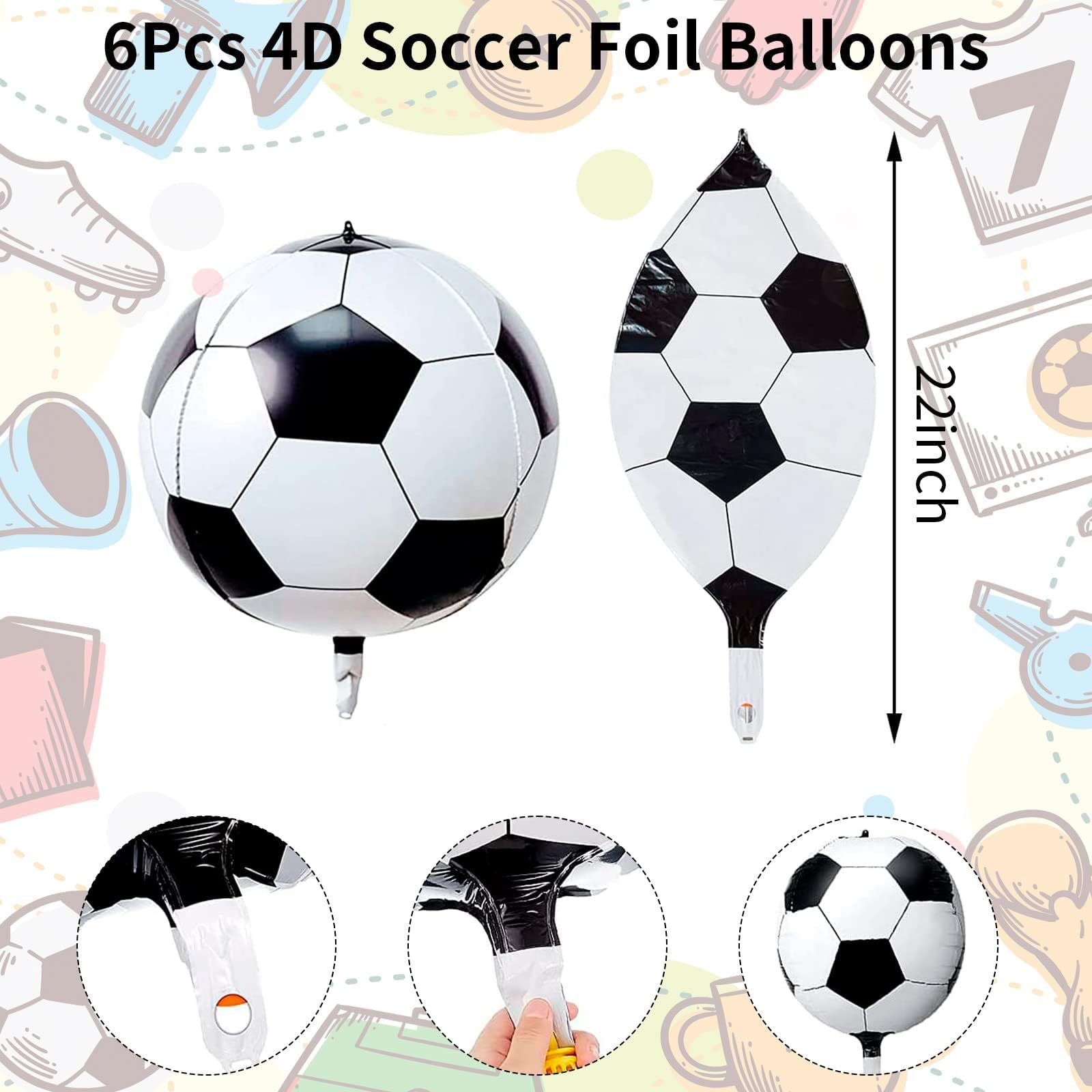 Lingqiang 22 Inch 4D Soccer Foil Balloons (6 Pack) - Black & White Football Shape Mylar Balloons for Party Decorations