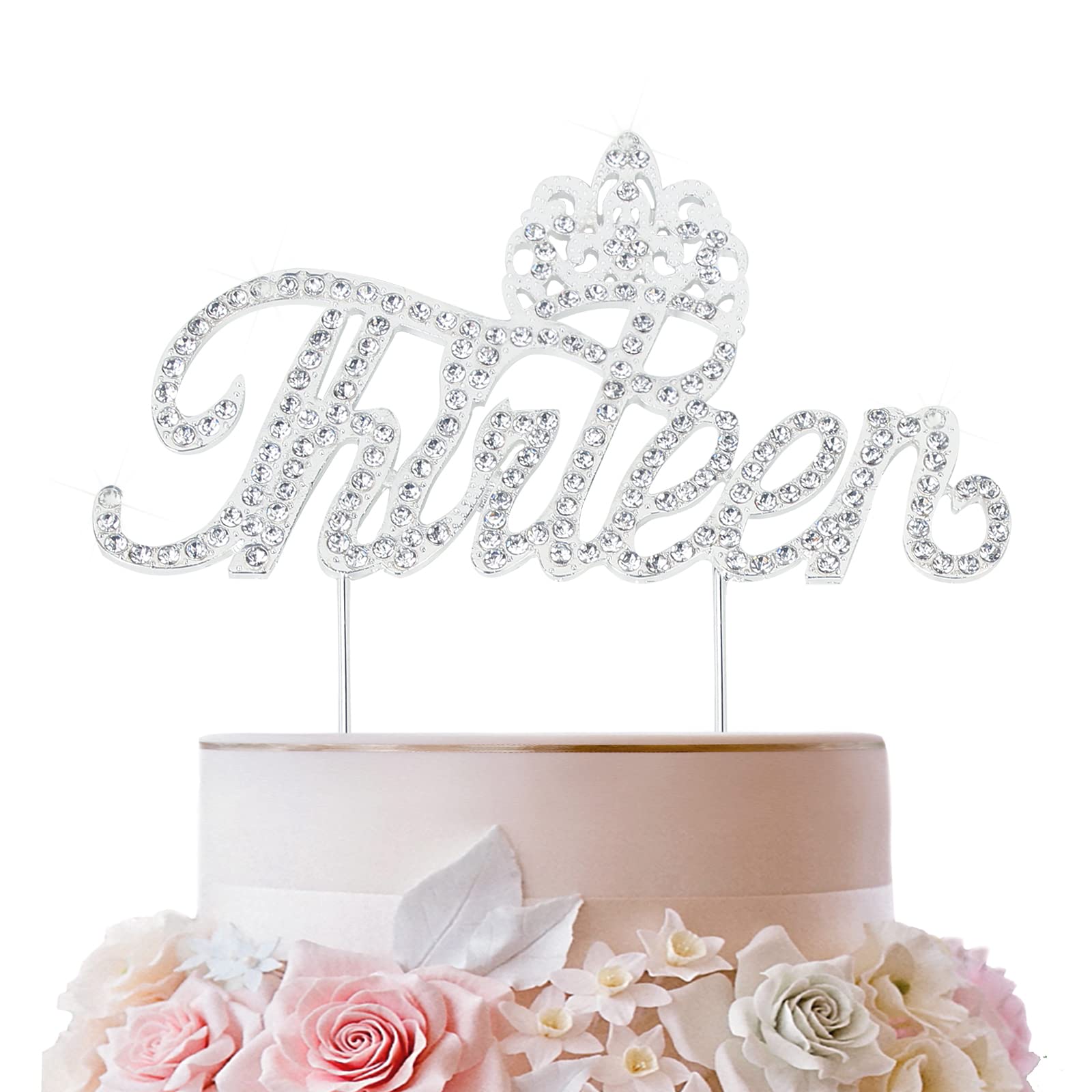 LINGTEER 13th Birthday Cake Topper with Rhinestone Crown - Silver Bling Keepsake