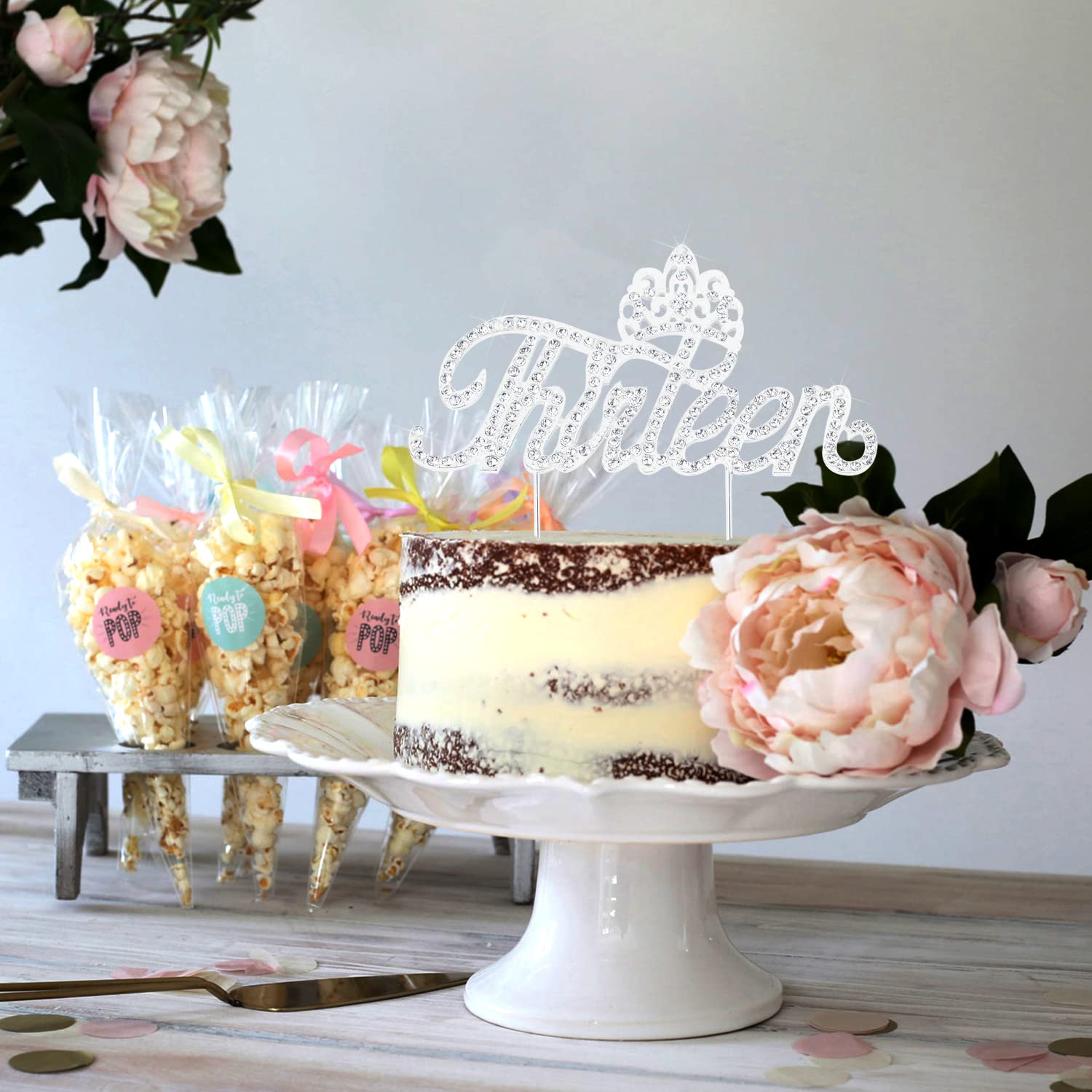 LINGTEER 13th Birthday Cake Topper with Rhinestone Crown - Silver Bling Keepsake