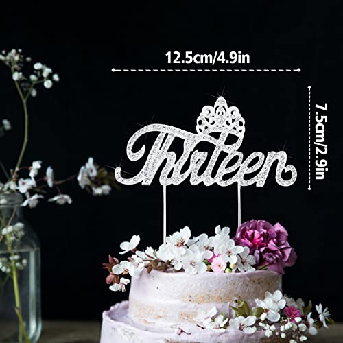LINGTEER 13th Birthday Cake Topper with Rhinestone Crown - Silver Bling Keepsake