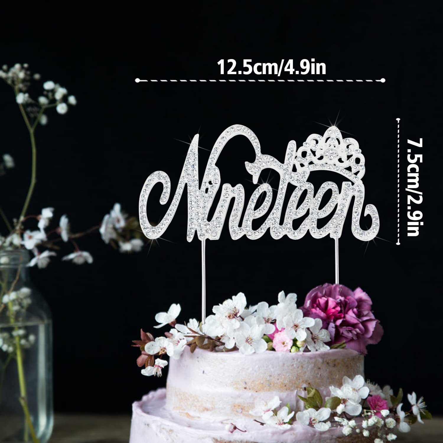 LINGTEER 19th Birthday Cake Topper with Crown Sign – Silver Rhinestone Bling for 6-9 Inch Cakes