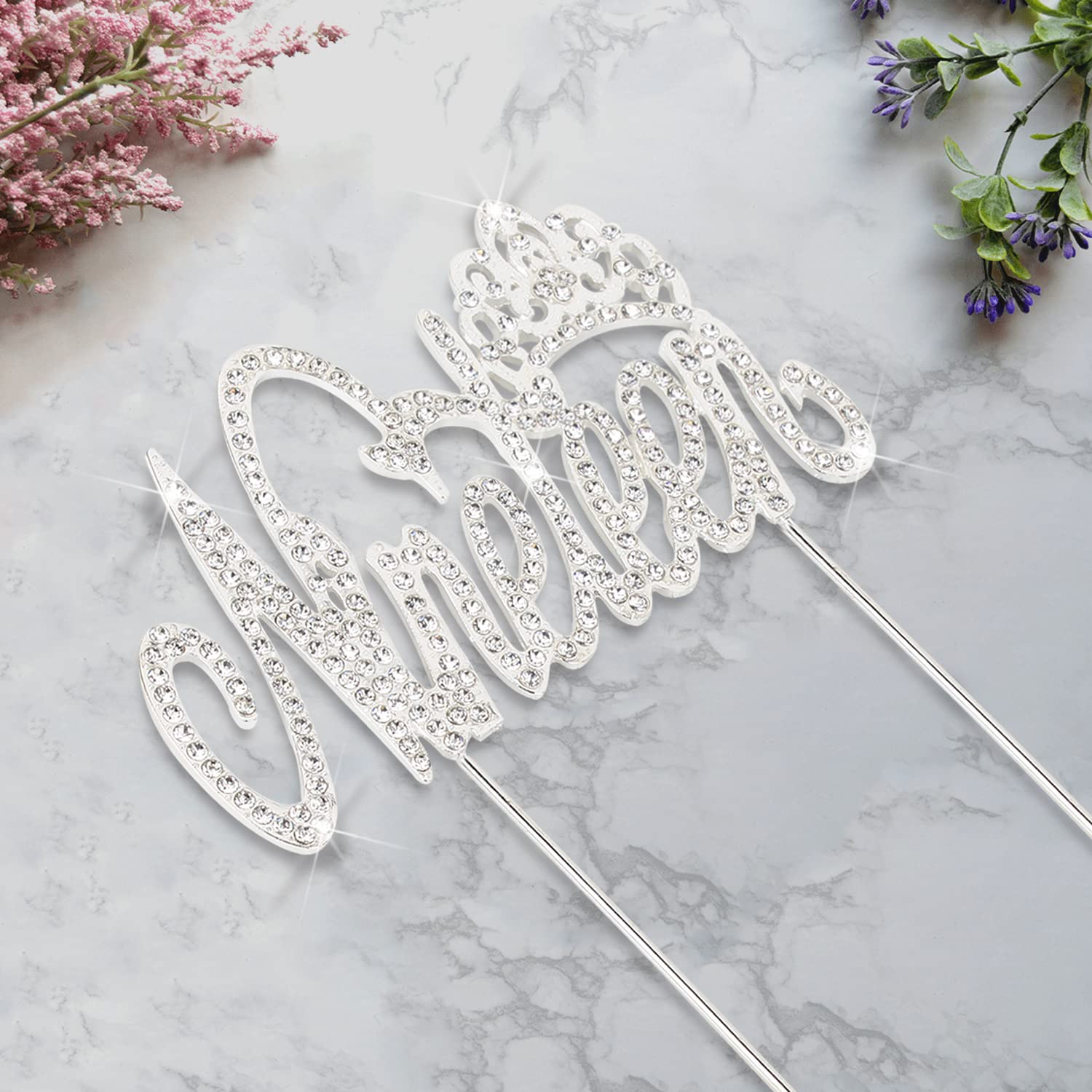 LINGTEER 19th Birthday Cake Topper with Crown Sign – Silver Rhinestone Bling for 6-9 Inch Cakes