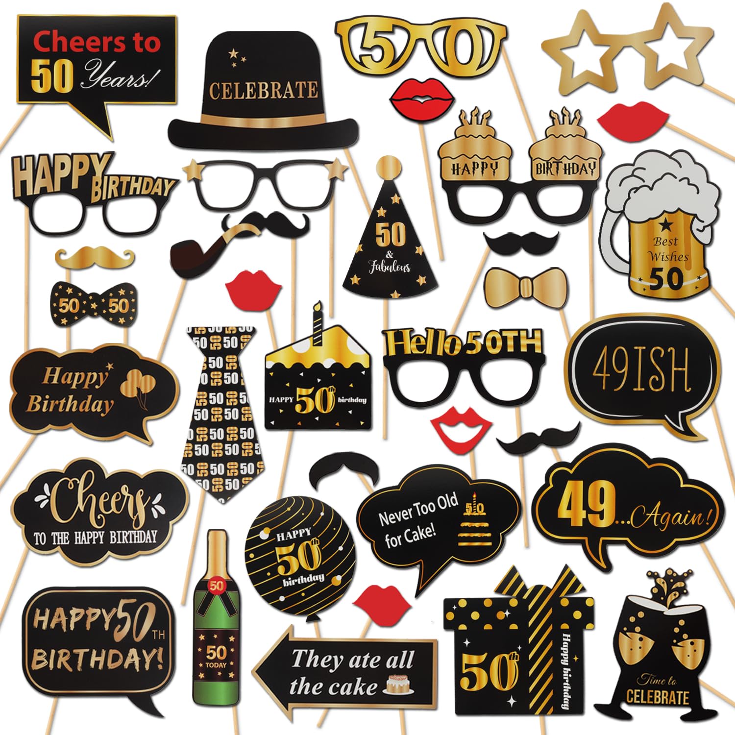 LINGTEER 35-Piece 50th Birthday Photo Booth Props Set – Black & Gold Party Decorations